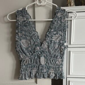 Floral Ruched V-Neck Top - Blue and White